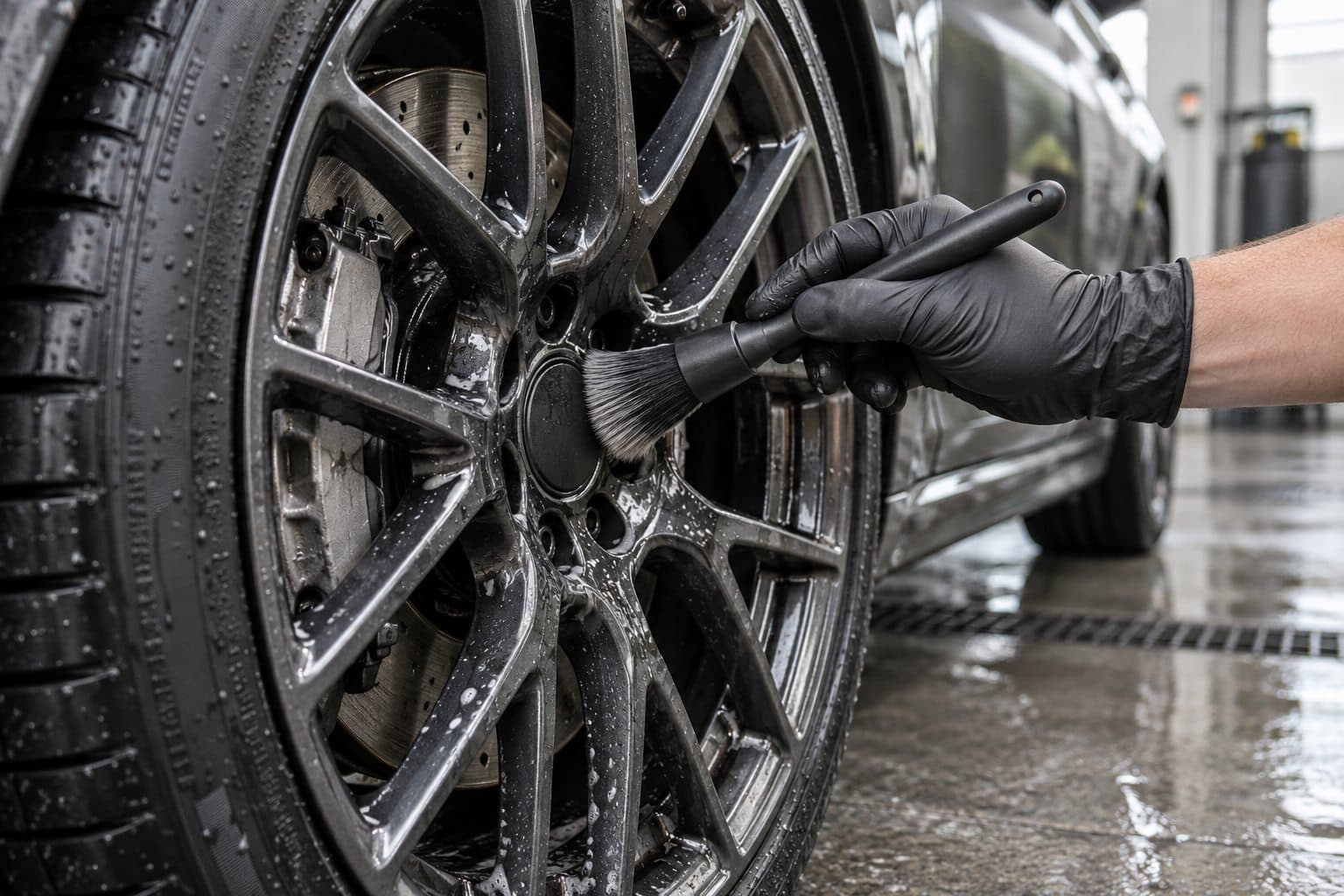 Detailer czyści szczotką wieloramienną felgę aluminiową