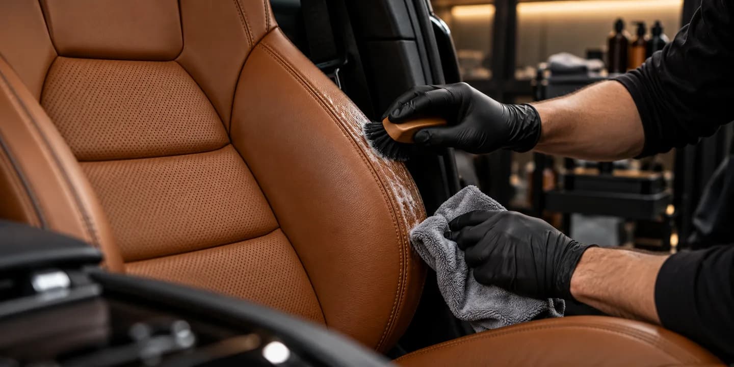 Detailer delikatnie czyści brązowy fotel samochodowy miękką szczotką