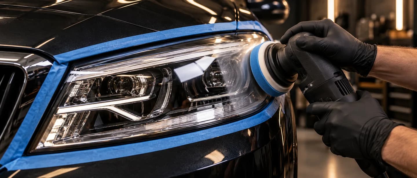 Detailer poleruje klosz reflektora zabezpieczony niebieską taśmą
