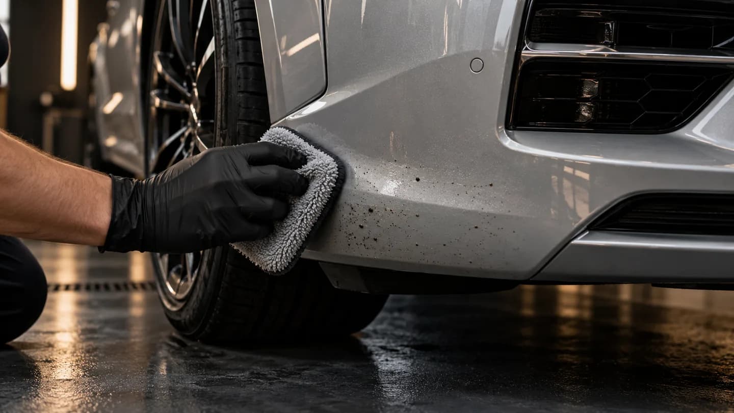 Detailer delikatnie usuwa przywarte zabrudzenia z dolnego panelu samochodu
